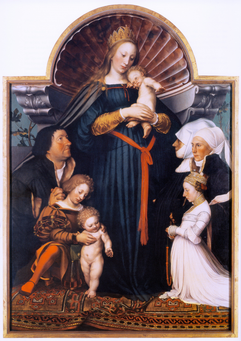 Hans Holbein d. J., Madonna des Bürgermeisters Jacob Meyer zum Hasen (gen. »Darmstädter Madonna«), 1525/26 und 1528, Öl auf Nadelholz, 146,5 x 102 cm, Sammlung Würth, Foto: Sammlung Würth / Philipp Schönborn, München (CC BY-NC-SA)