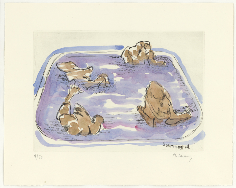 Maria Lassnig, Swimmingpool, 1987 (aus: Leinenmappe mit 7 Kupferstichen, Köln 1987, Blatt 6), Radierung, aquarelliert, 238 x 336 mm (Platte) / 360 x 450 mm (Blatt), Hamburger Kunsthalle, Kupferstichkabinett, © Maria Lassnig Stiftung / VG Bild-Kunst, Bonn Maria Lassnig, Swimmingpool, 1987 (aus: Leinenmappe mit 7 Kupferstichen, Köln 1987, Blatt 6), Radierung, aquarelliert, 238 x 336 mm (Platte) / 360 x 450 mm (Blatt), Hamburger Kunsthalle, Kupferstichkabinett, © Maria Lassnig Stiftung / VG Bild-Kunst, Bonn