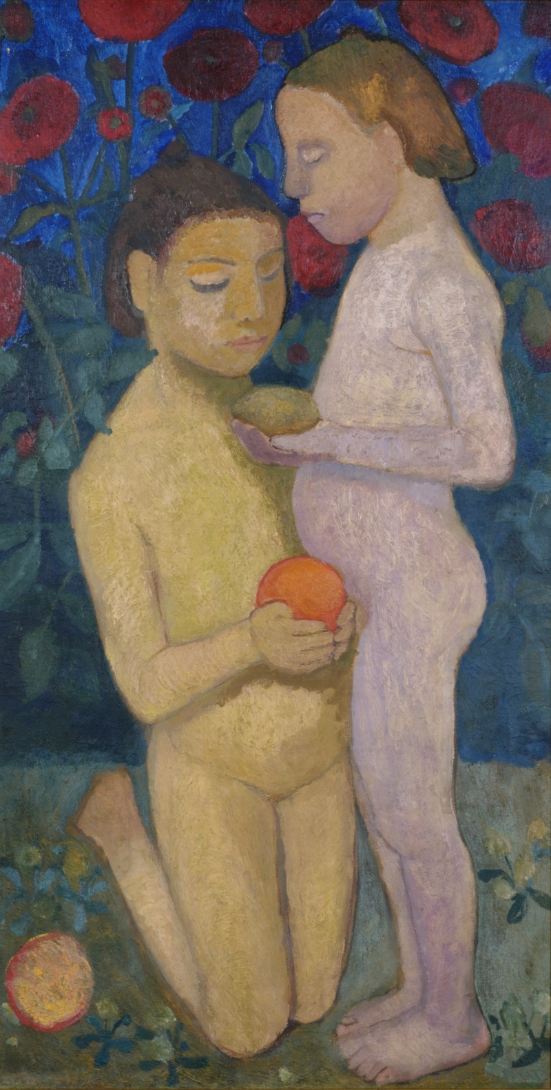 Paula Modersohn-Becker, Stehender und kniender Mädchenakt vor Mohnblumen II, 1906, © Die Lübecker Museen / Museum Behnhaus Drägerhaus