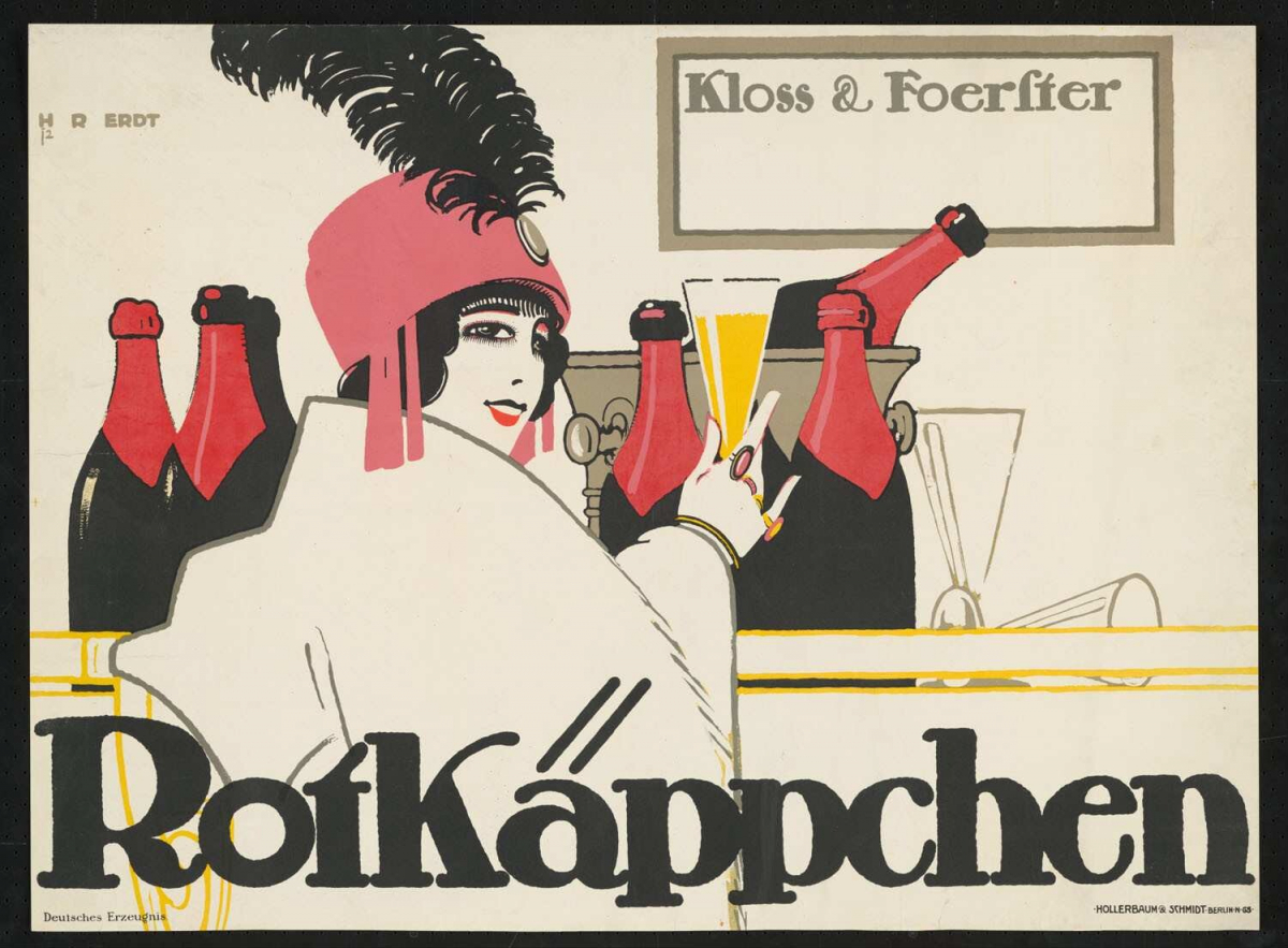 Hans Rudi Erdt, Plakat für Rotkäppchen-Sekt (Kloss & Foerster, Freyburg in Sachsen), 1912, Lithographie, 68,4 x 93 cm, Staatliche Museen zu Berlin, Foto: Deutsche Digitale Bibliothek (Public Domain Mark 1.0 Universell)