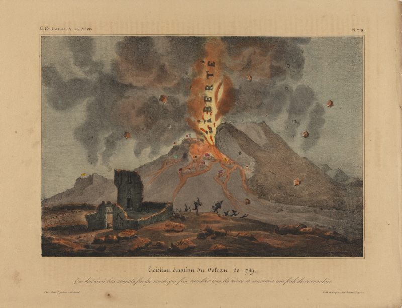 Auguste Desperet (oder Desperret), Troisième éruption du Volcan de 1789, kolorierte Lithographie, 260 x 330 mm, aus der Zeitung La Caricature vom 6. Juni 1833, Privatsammlung, Hamburg, Foto: Petra Dwenger, Hamburg