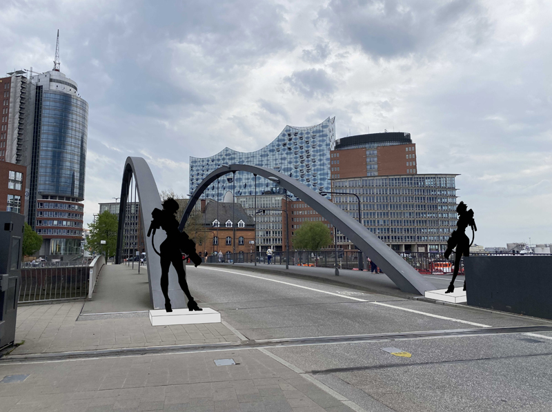 Marc Bijl, ESCAPE TO FROM HAFEN - CITY, Skulpturen, Niederbaumbrücke (Visualisierung), © Marc Bijl