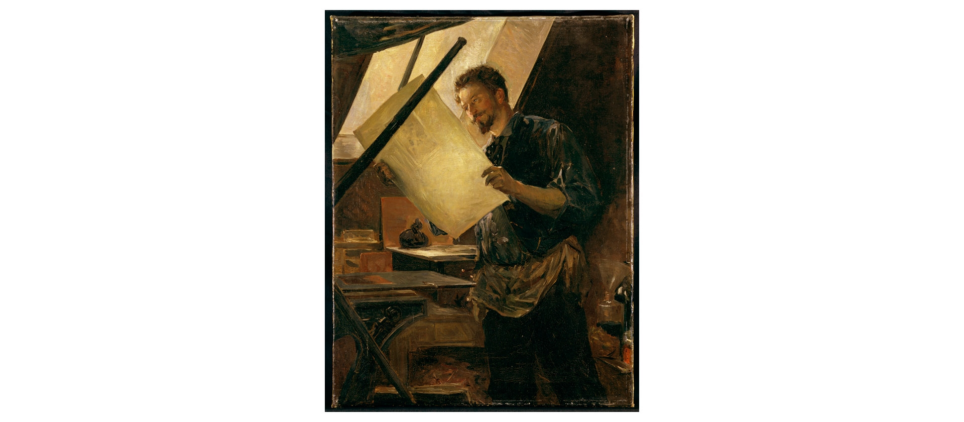  Paul Mathey, Félicien Rops an der Druckerpresse in seinem Atelier, um 1888, Öl auf Leinwand, 65 x 50 cm  Katrin Bellinger Collection © Katrin Bellinger Collection