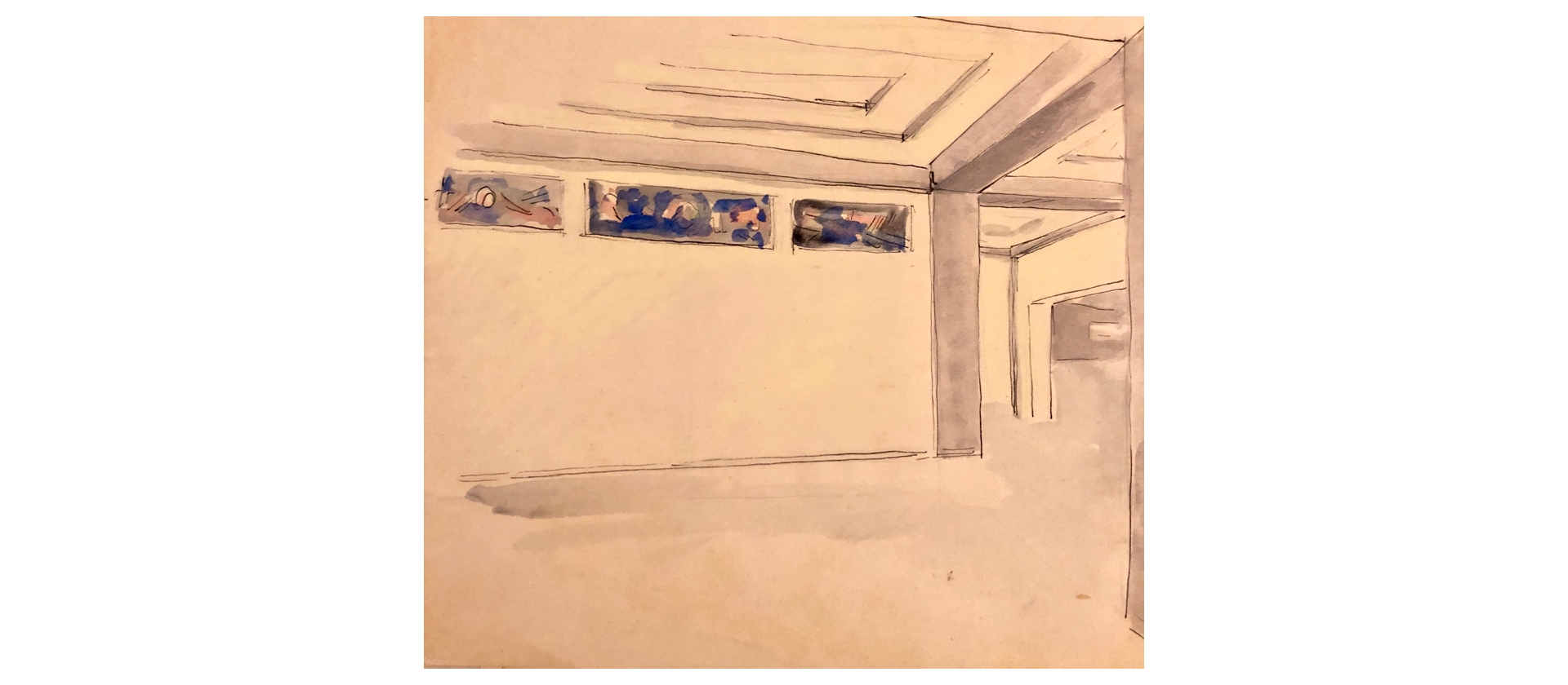 Abb. 9 Dorothea Maetzel-Johannsen, Entwurf für die Neugestaltung des Vorraums zum großen Vortragsaal im Erweiterungsbau der Hamburger Kunsthalle, Aquarell, Bleistift, 1922, 26,5 x 31,5 cm, © Sammlung Tobeler, Hamburg