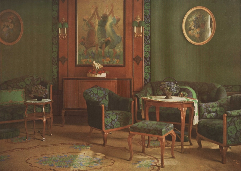 Max Halberstadt, Damenzimmer eines Landhauses an der Elbchaussee, Farbfotografie, um 1905–10, für das Hamburger Einrichtungshaus L. Piglhein